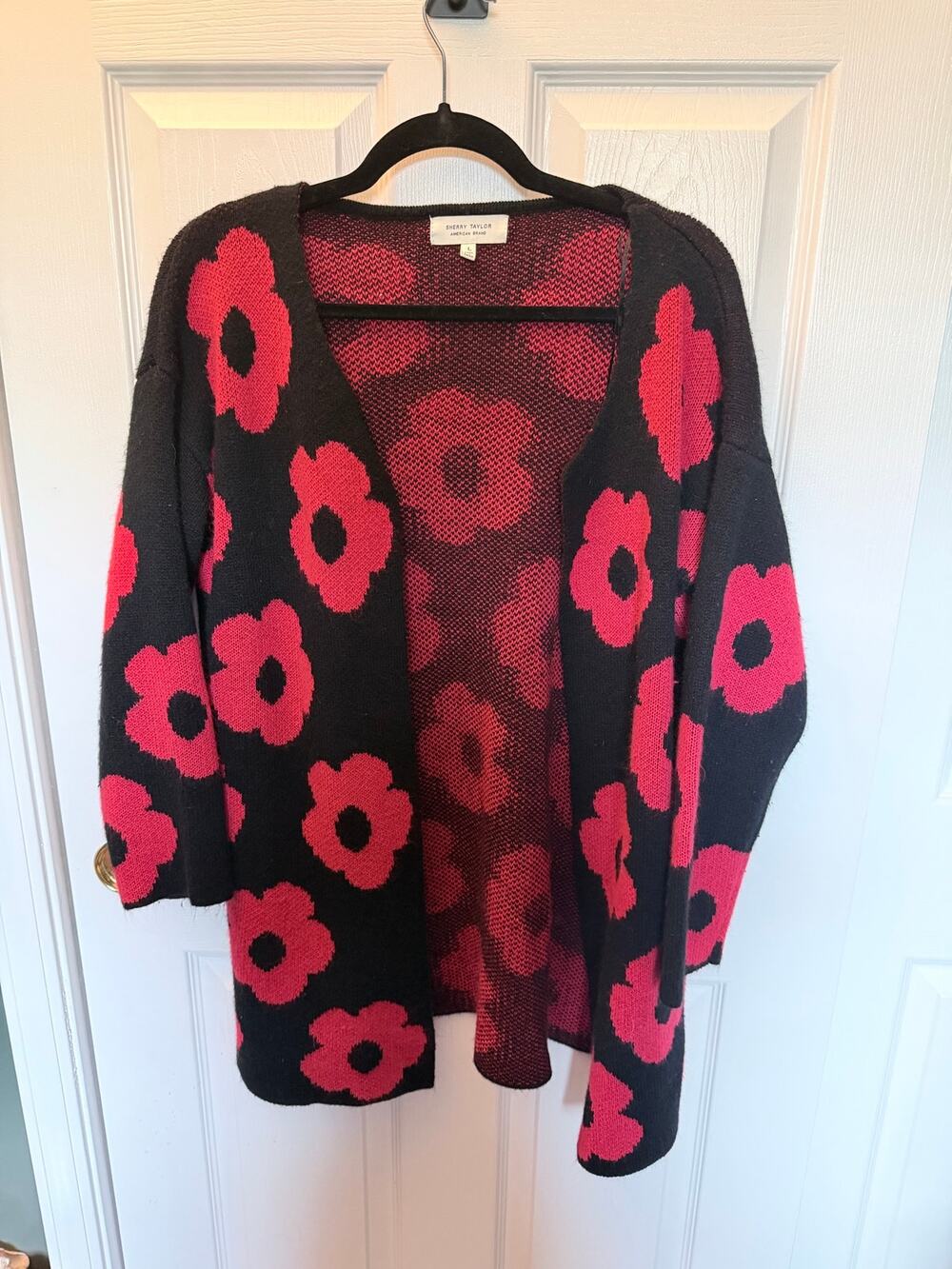 Sherry Taylor Red and Black Floral Open Knit Cardigan Sweater-Size L